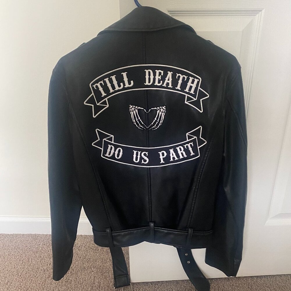 Till Death Do Us Part Faux Leather Moto Jacket with Handmade Patches